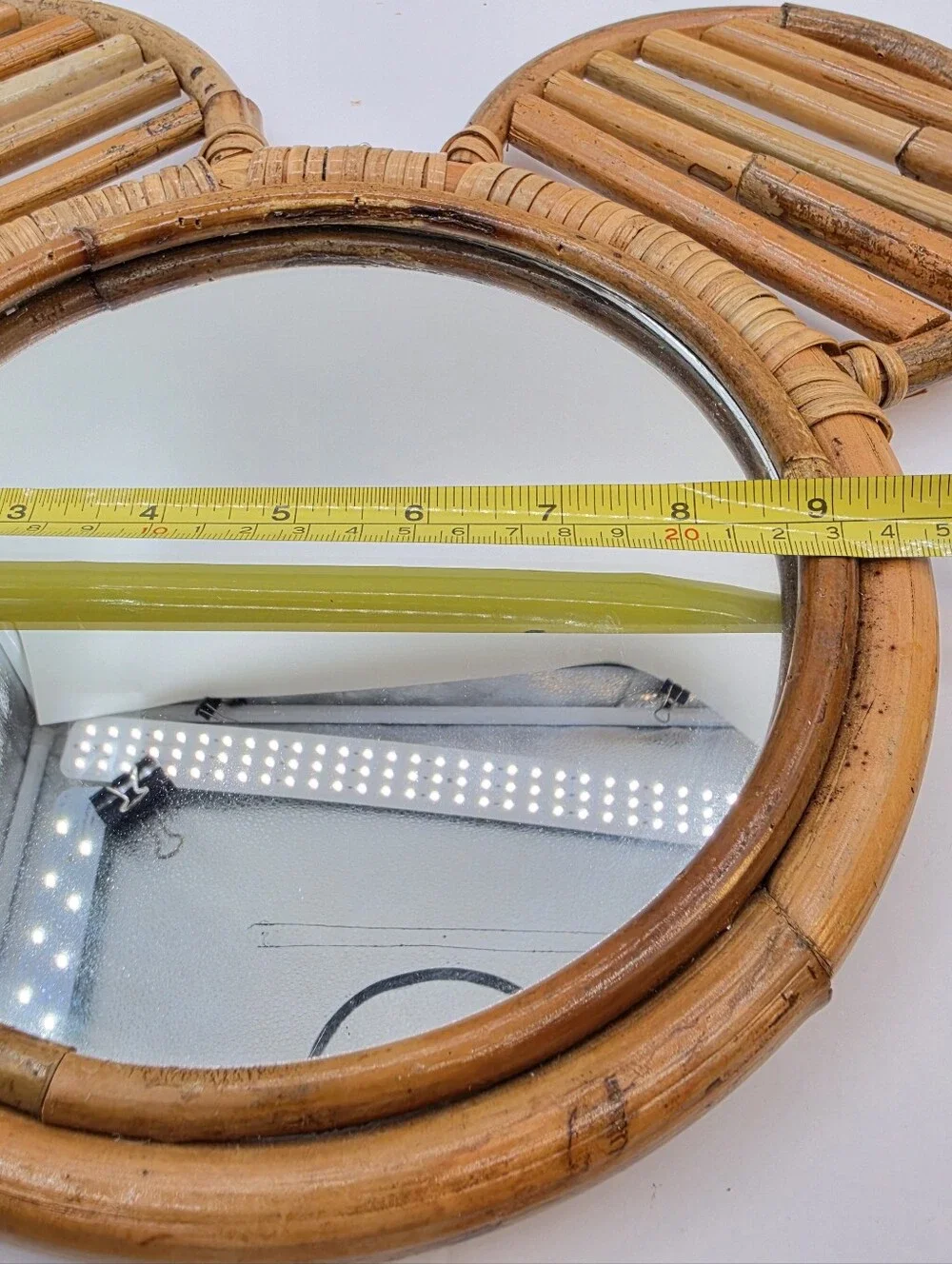 Round Brown Rattan Framed Wall Mirror Mouse Ear Design Wall Mounted